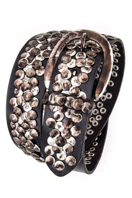 Rope & Spurs - Burnished Wide Studded Black Leather Belt
