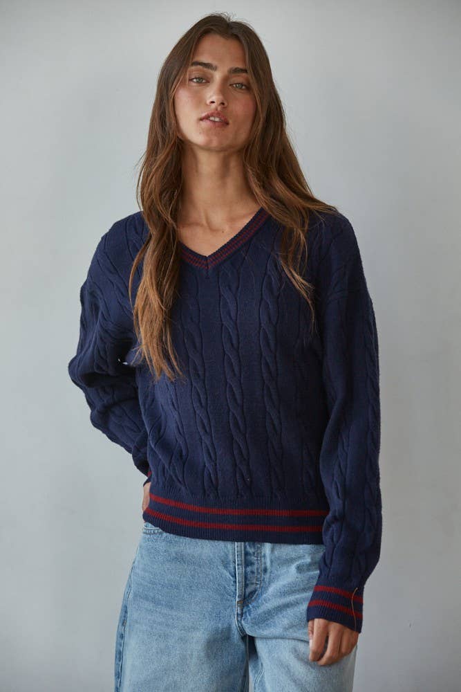 Knit Cable Sweater V-Neck Long Sleeve Pullover Top - By together