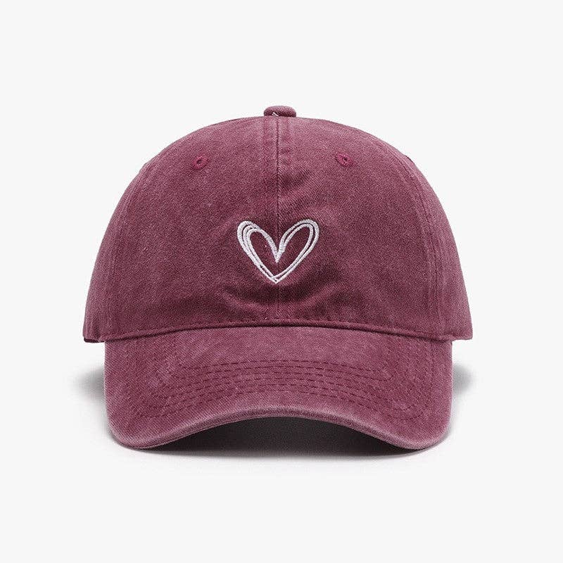 Embroidered Heart Design Washed Cotton Baseball Cap