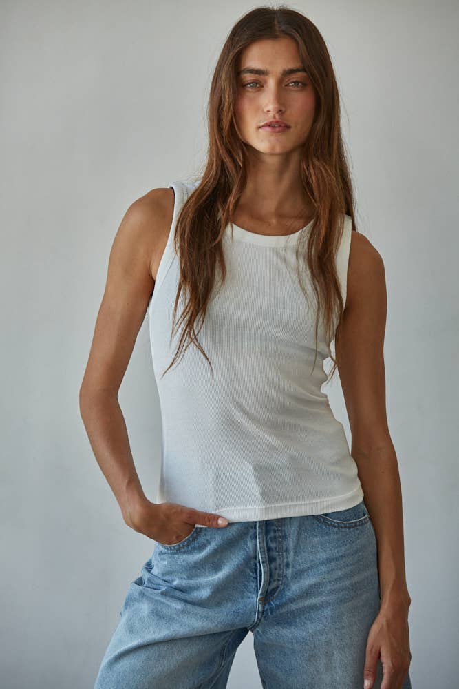 Knit Cotton Ribbed Round Neck Sleeveless Tank Top - By together