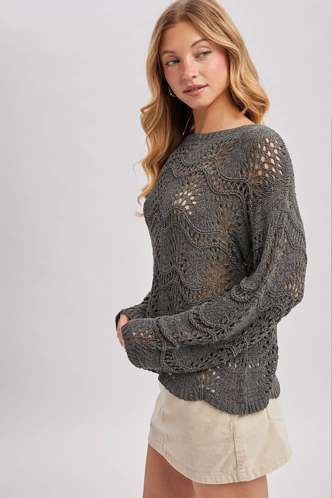 Bluivy - BOAT NECK SCALLOPED HEM OPEN KNIT SWEATER
