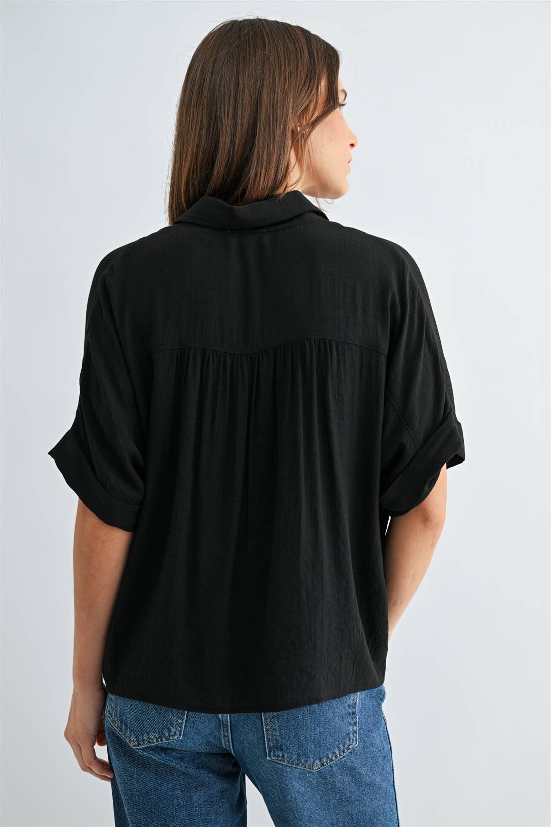 BUTTON DOWN DOLMAN SHORT SLEEVE TOP