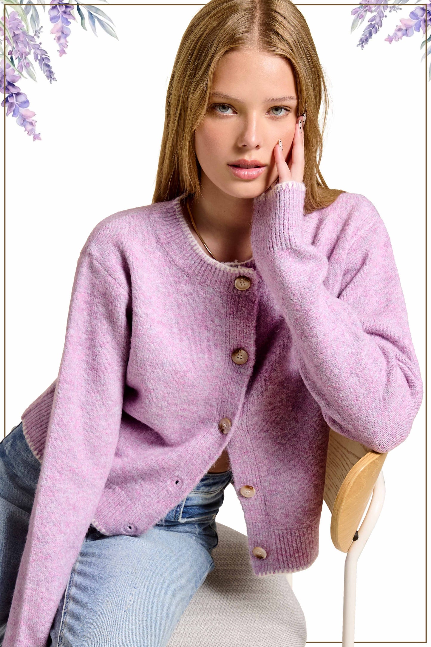 La Miel - MDS3612-Fuzzy Cardigan With Marble Button & Blanket Stitch