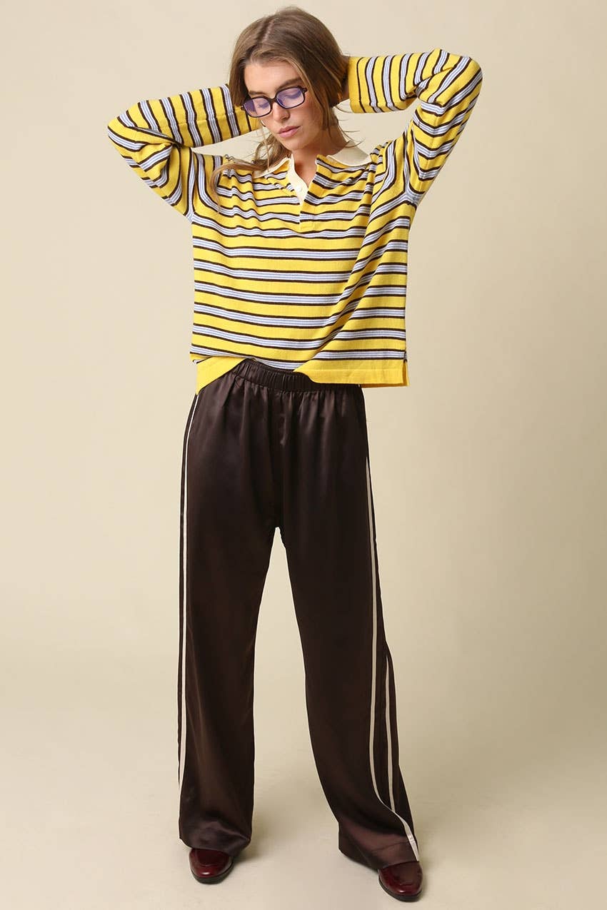 Lena Stripe Collared Knit Top - Olivaceous