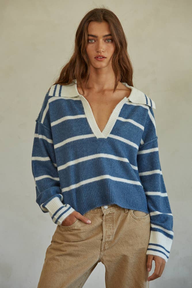 W1337 | Knit Sweater Striped Collar V-Neck Long Sleeve Top