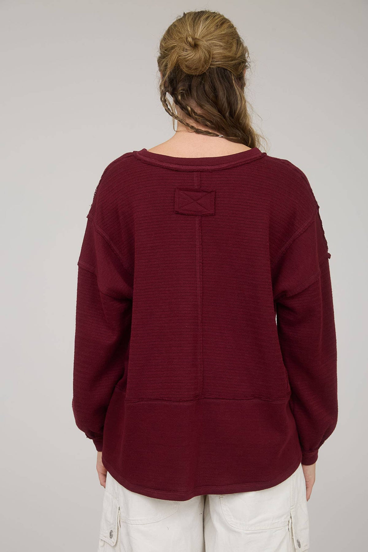 SOLID PATCHWORK SPLIT NECK KNIT TOP - Blu Pepper