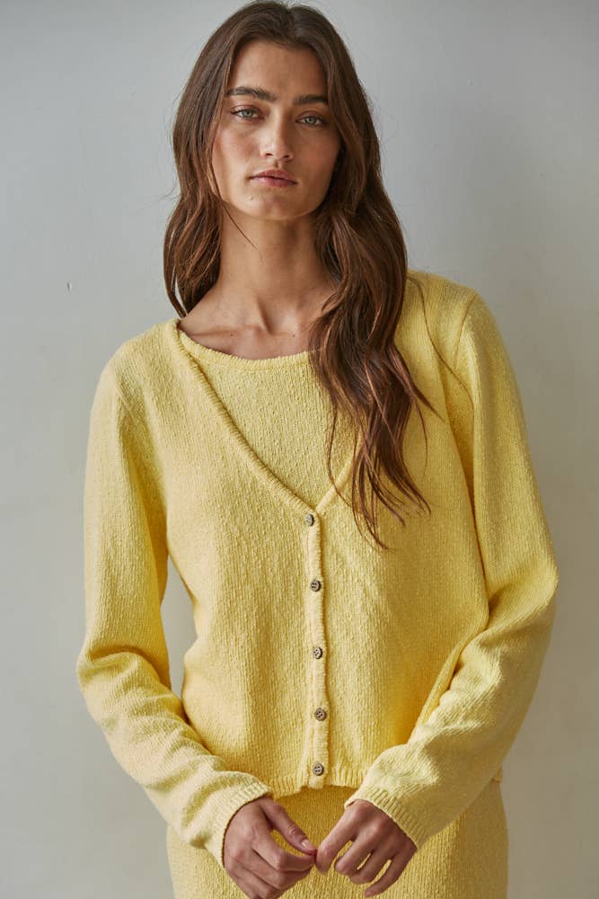 By Together - W2522T | Knit Sweater Cotton Button Down V-Neck Cardi