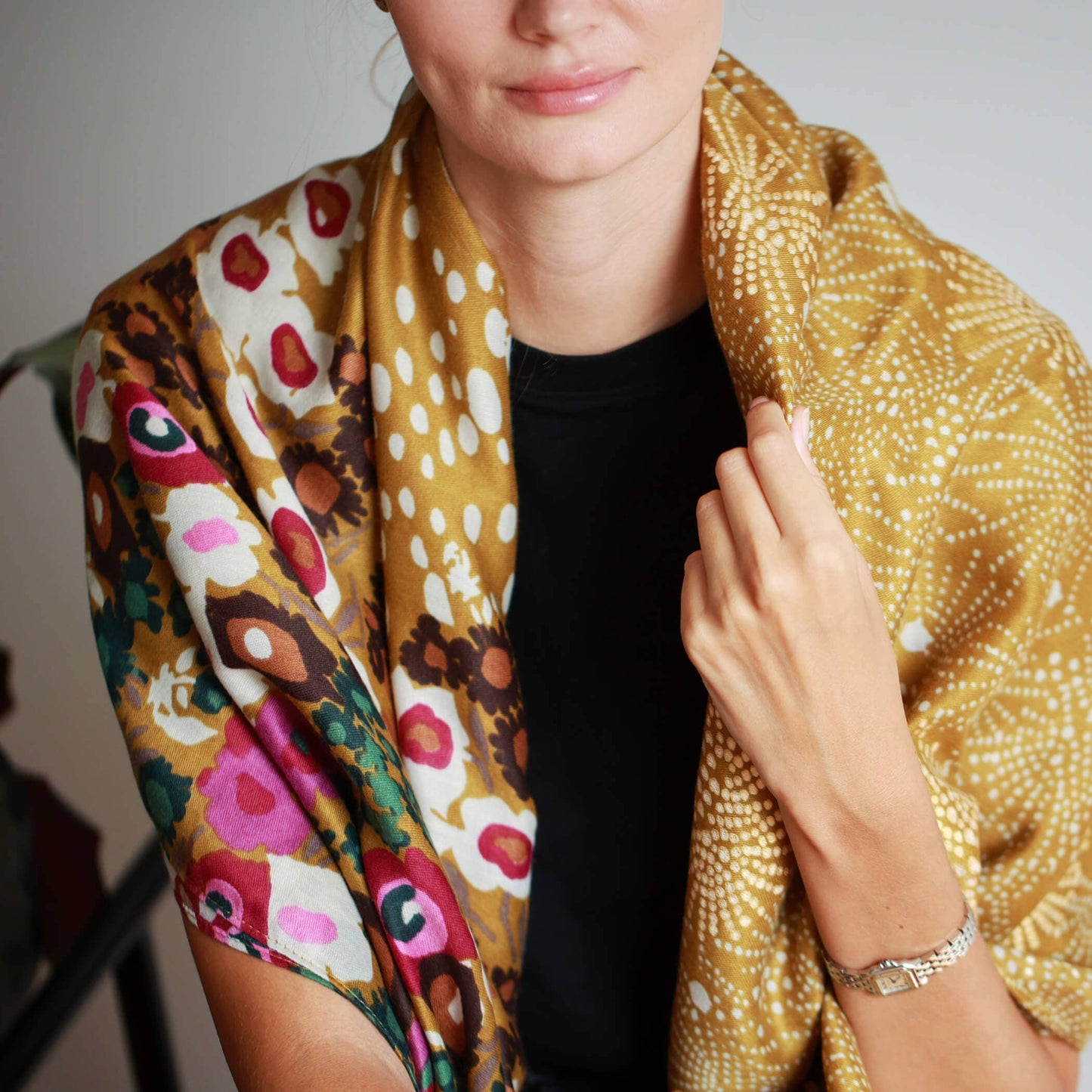 Studio Hop - Purple Poppy Dotty Stars Gold Foliage Scarf