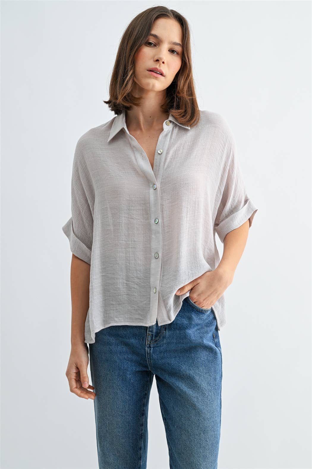 BUTTON DOWN DOLMAN SHORT SLEEVE TOP