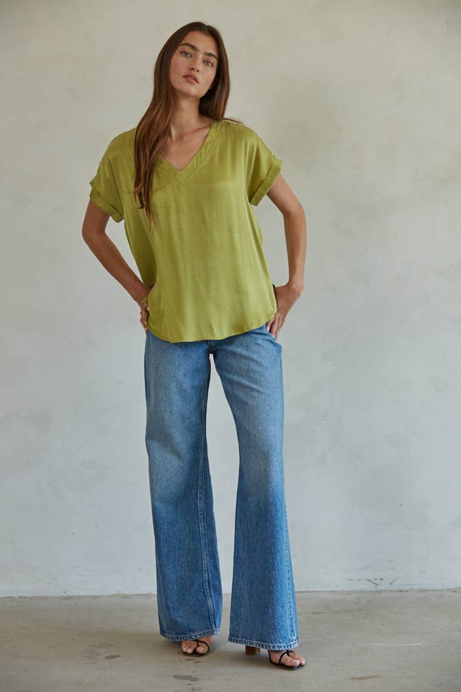 Woven Tencel Rayon Satin V-Neck Short Sleeve Top - By together