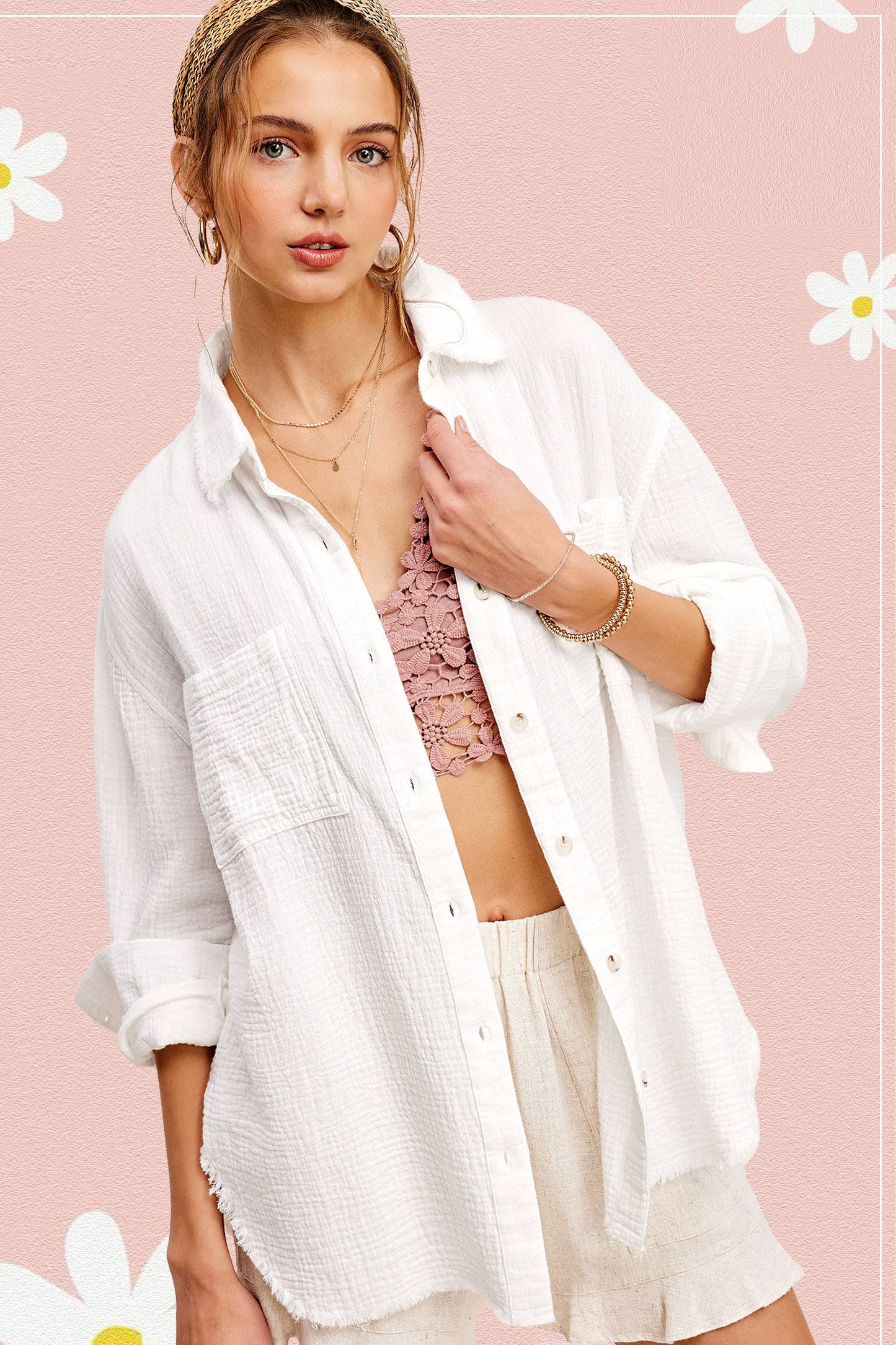 La Miel - SRT7448-Soft Washed Crinkled Gauze Button Down Shirts