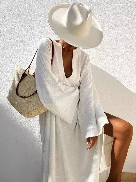 Vacation Flared Sleeves Solid Color Deep V-Neck Midi Dresses - Sheer Trend