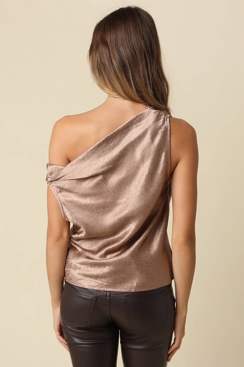 Diana Draped One-Shoulder Satin Top - Olivaceous
