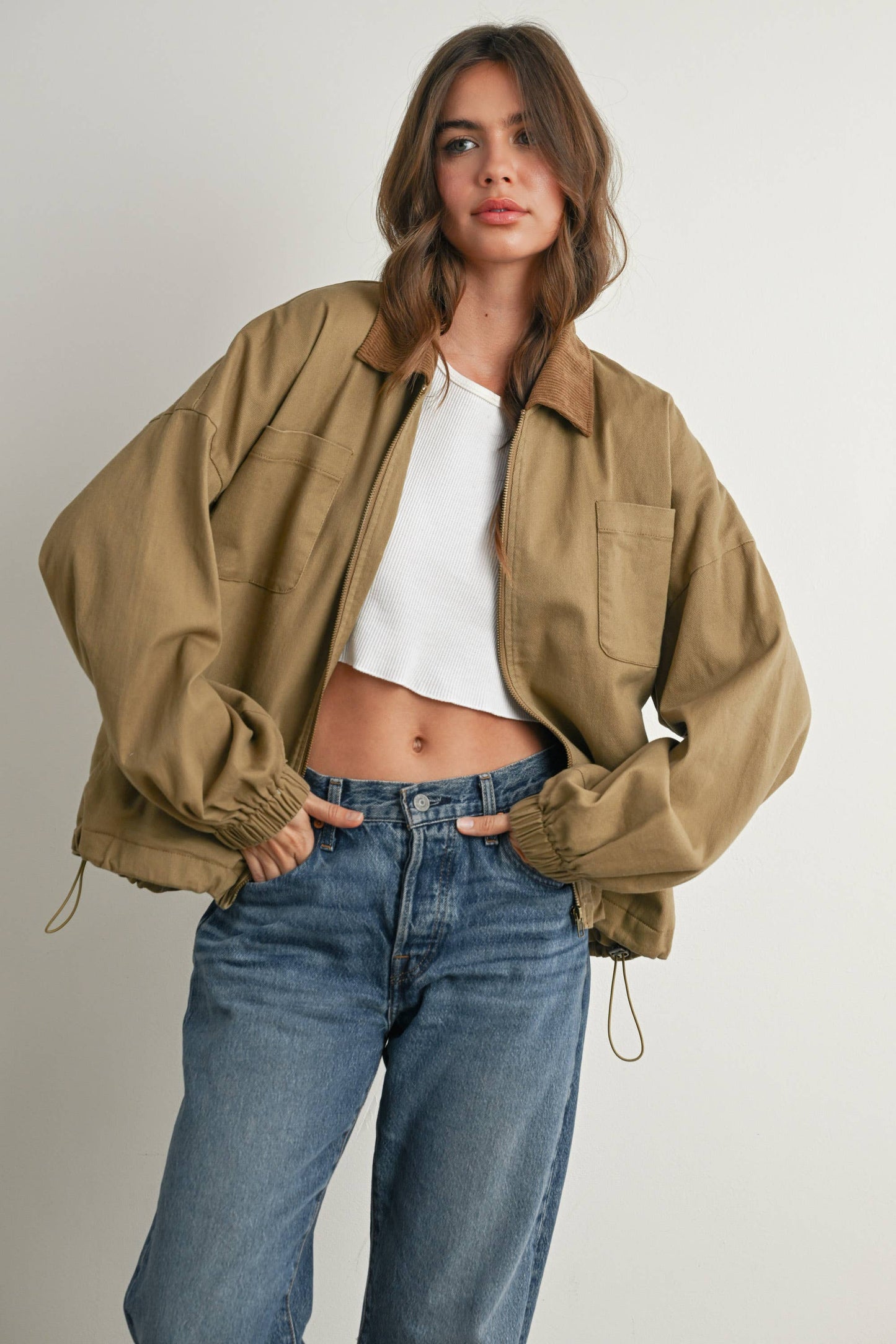 BUTTERMELON - Cord Collar Zip-Front Long Sleeve Jacket - BMJ7780