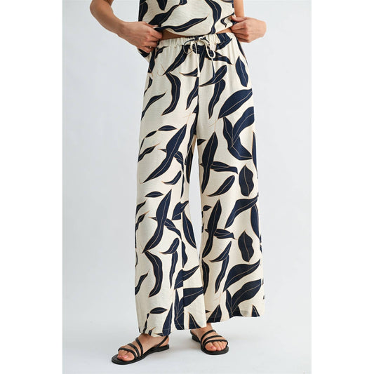 FUN2FUN - LEAF PRINT ELASTIC WAIST WIDE PANTS