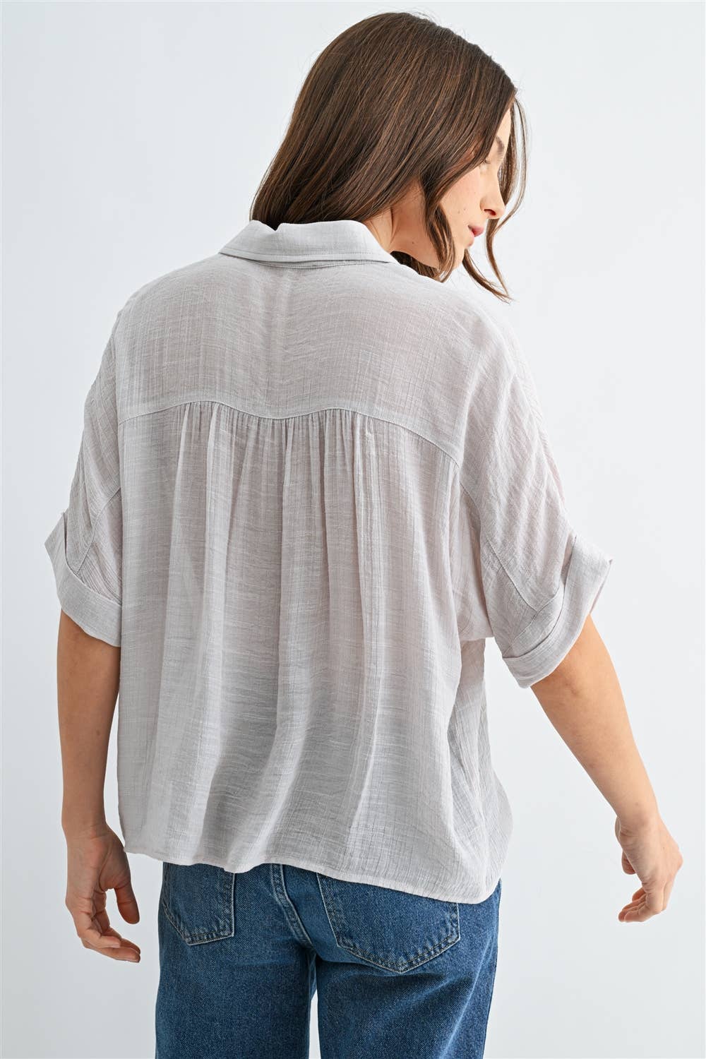 BUTTON DOWN DOLMAN SHORT SLEEVE TOP