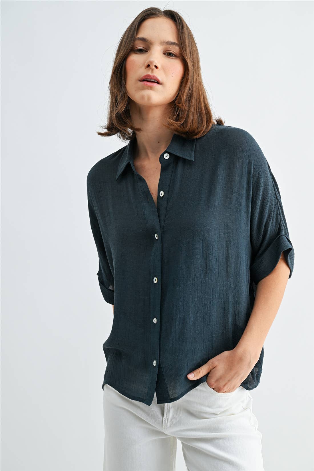 BUTTON DOWN DOLMAN SHORT SLEEVE TOP