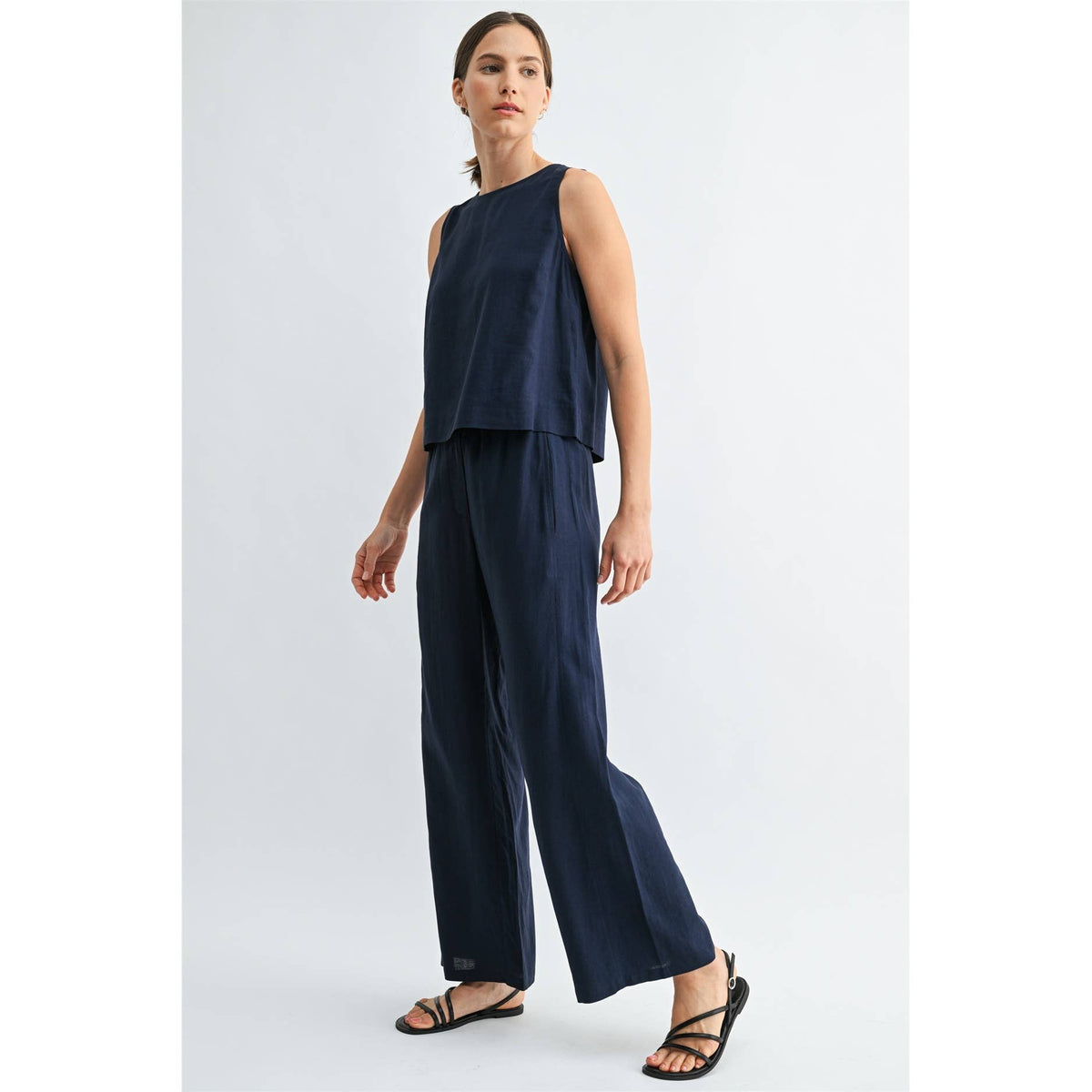 FUN2FUN - LINEN BLEND ELASTIC WAIST BUTTON FRONT PANTS