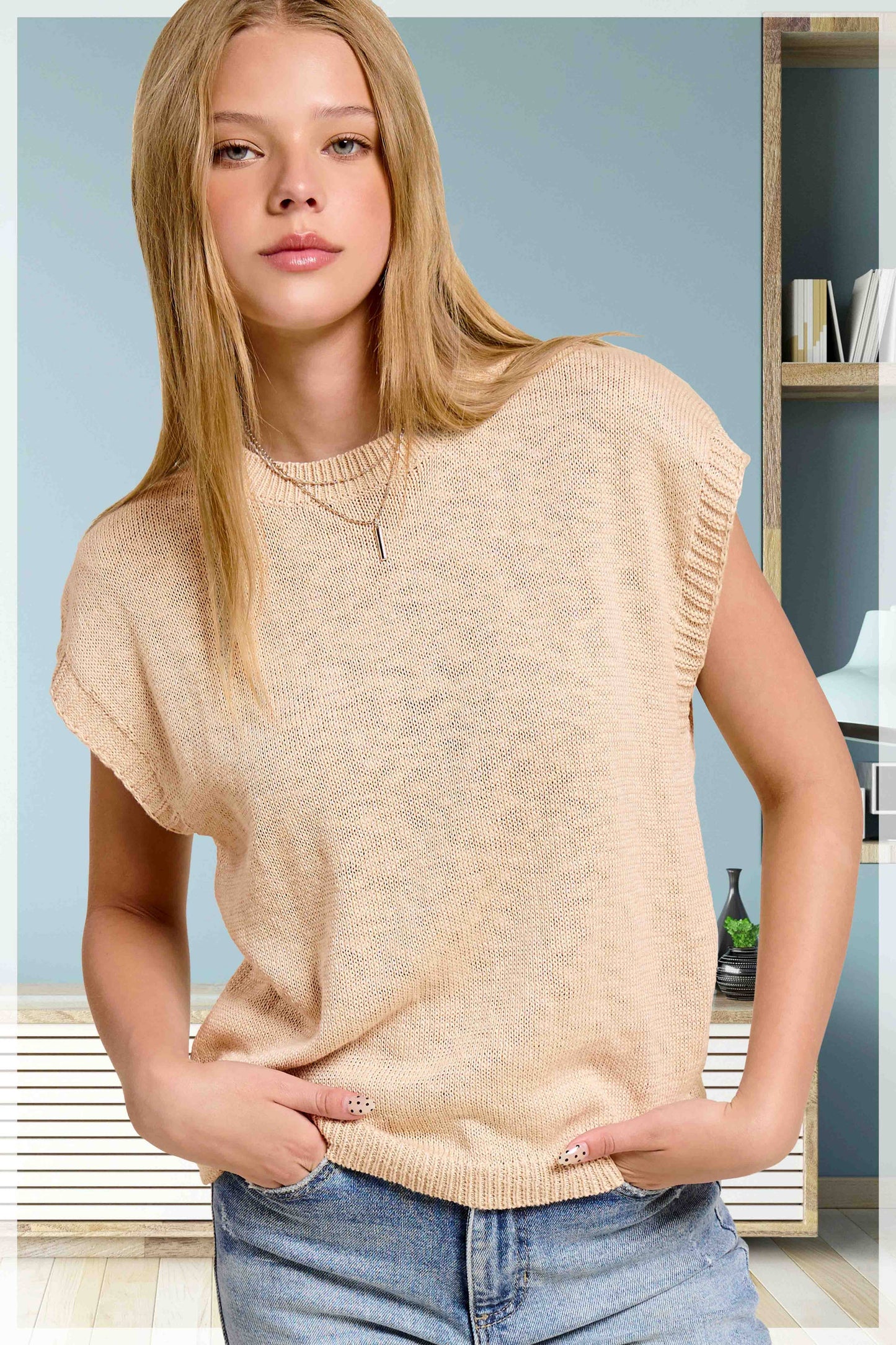 La Miel - JCS3598-Loose Fit Sleeveless Ribbed Knit Crew Neck Top