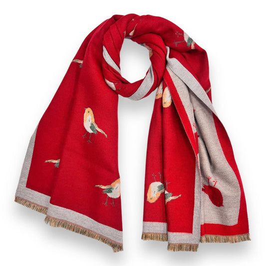 London Scarves - Robin bird woven print on reversible cashmeremix