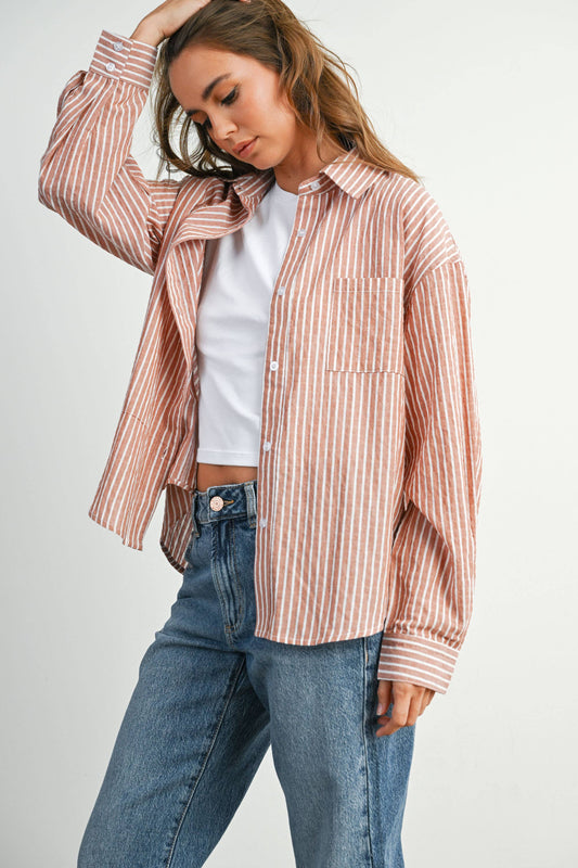 BUTTERMELON - Cropped Striped Button-Up Collared Long Sleeve Top - BMT7915
