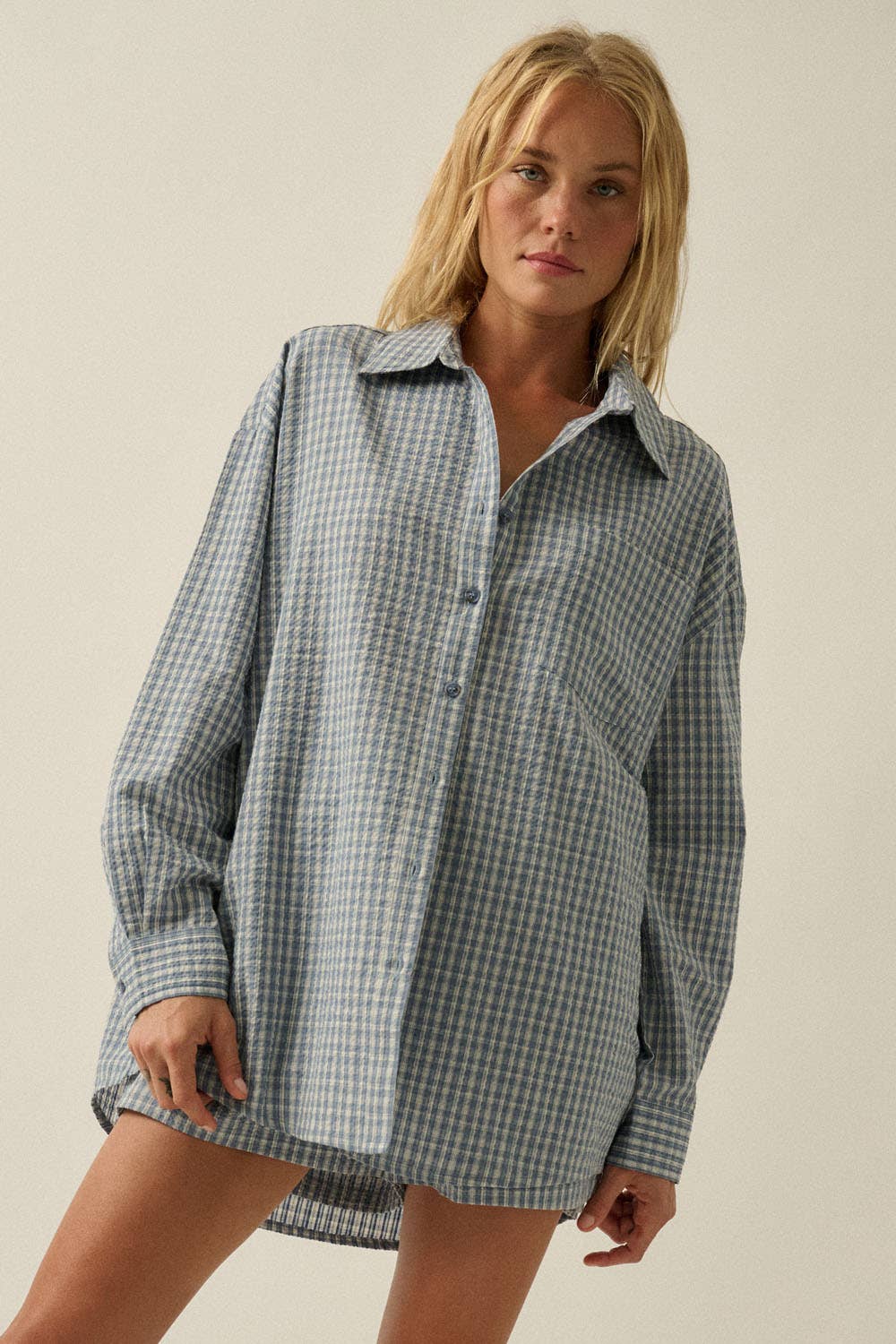Promesa USA - Plaid Textured Seersucker Oversize Button-Up Pocket Shirt