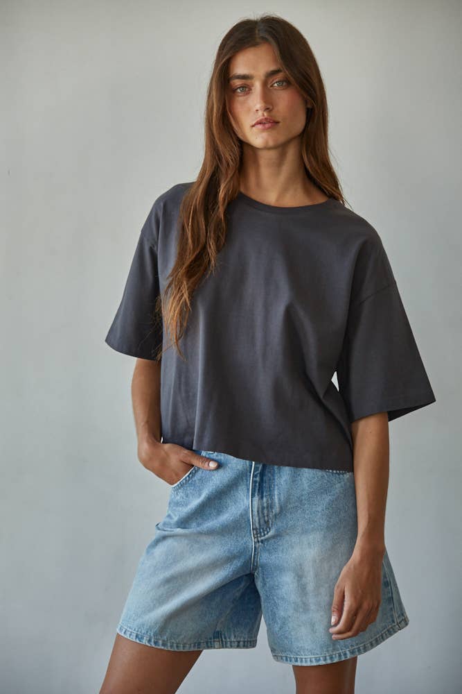 By Together - L8688 | Knit Cotton Crew Neck Drop Shoulder Short Sleeve Top