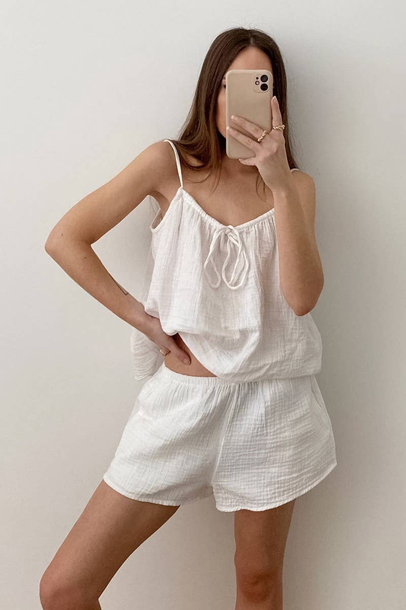 CWSPJ0050_SOLID COLOR COTTON HALTER  SHORTS PAJAMA SET