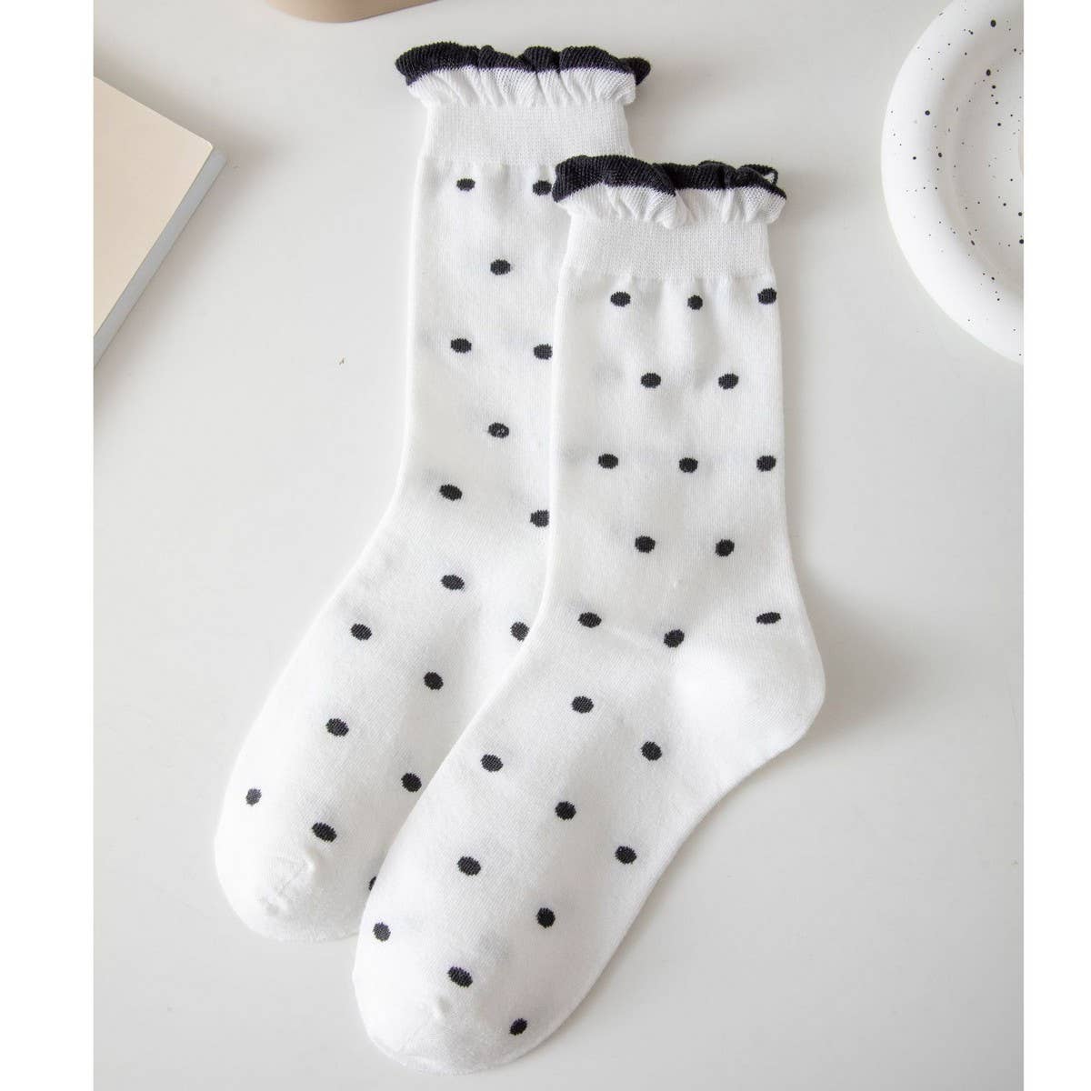 WOMEN PLAID DOT RUFFLE SLOUCH CREW SOCKS - NINEXIS