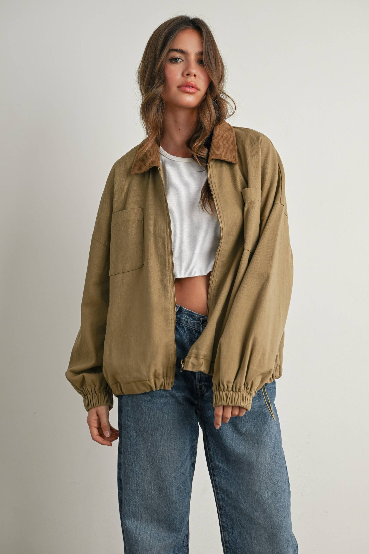 BUTTERMELON - Cord Collar Zip-Front Long Sleeve Jacket - BMJ7780