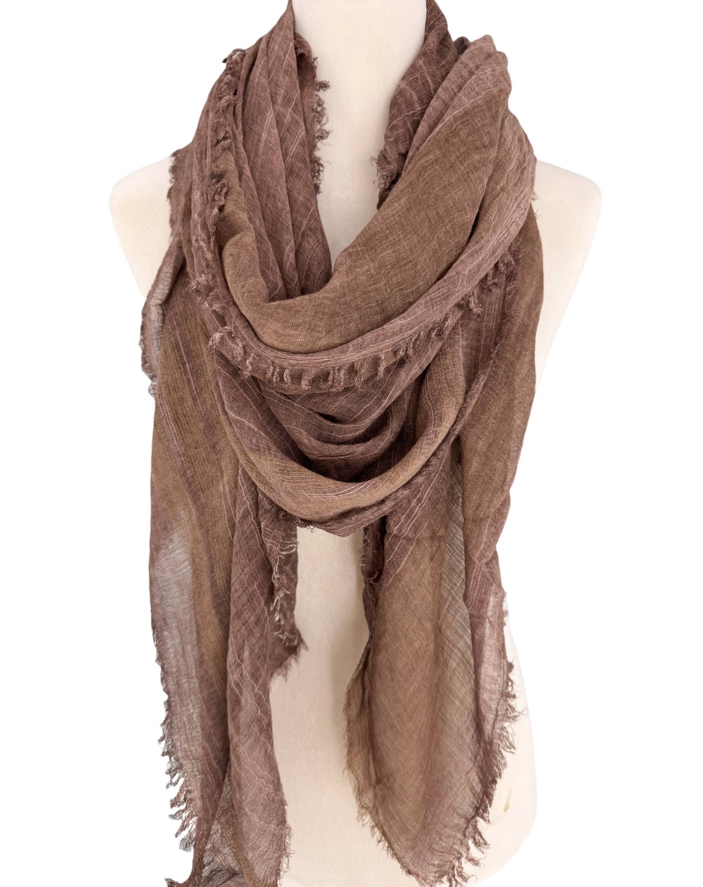JC Sunny Fashion - JC021038 Textured Gauze Scarf Shawl – Soft Washed Colorblock Wrap with Subtle Distressed Dye & Raw Fringe Edges