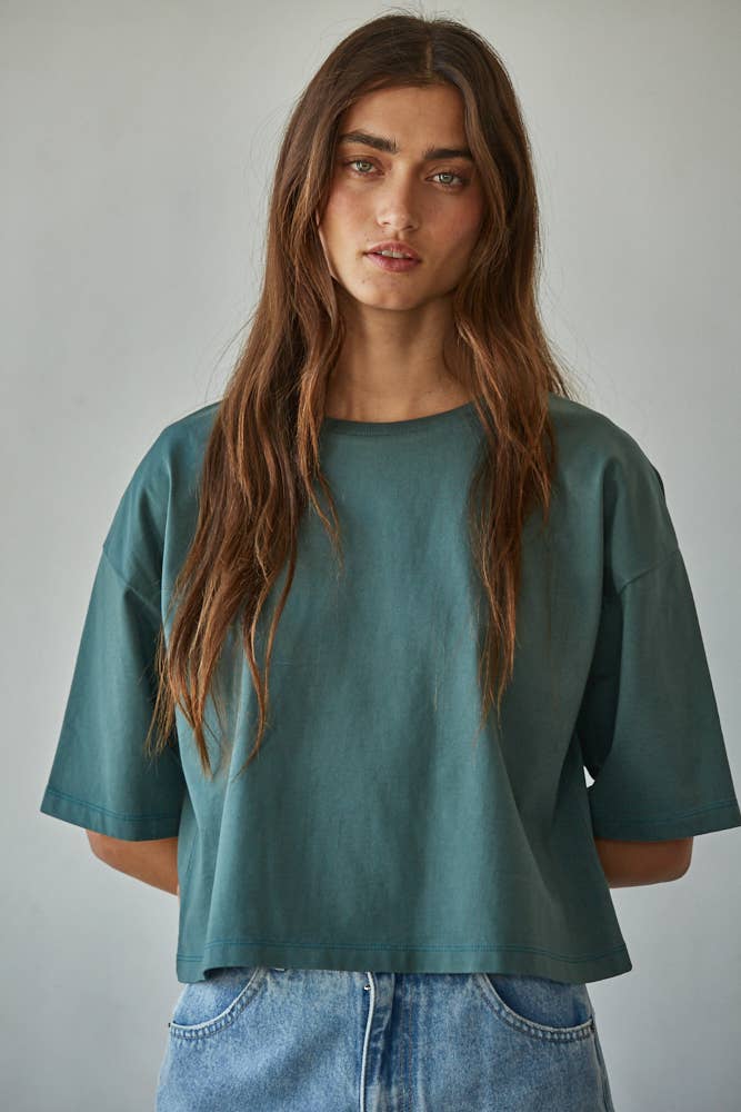 By Together - L8688 | Knit Cotton Crew Neck Drop Shoulder Short Sleeve Top