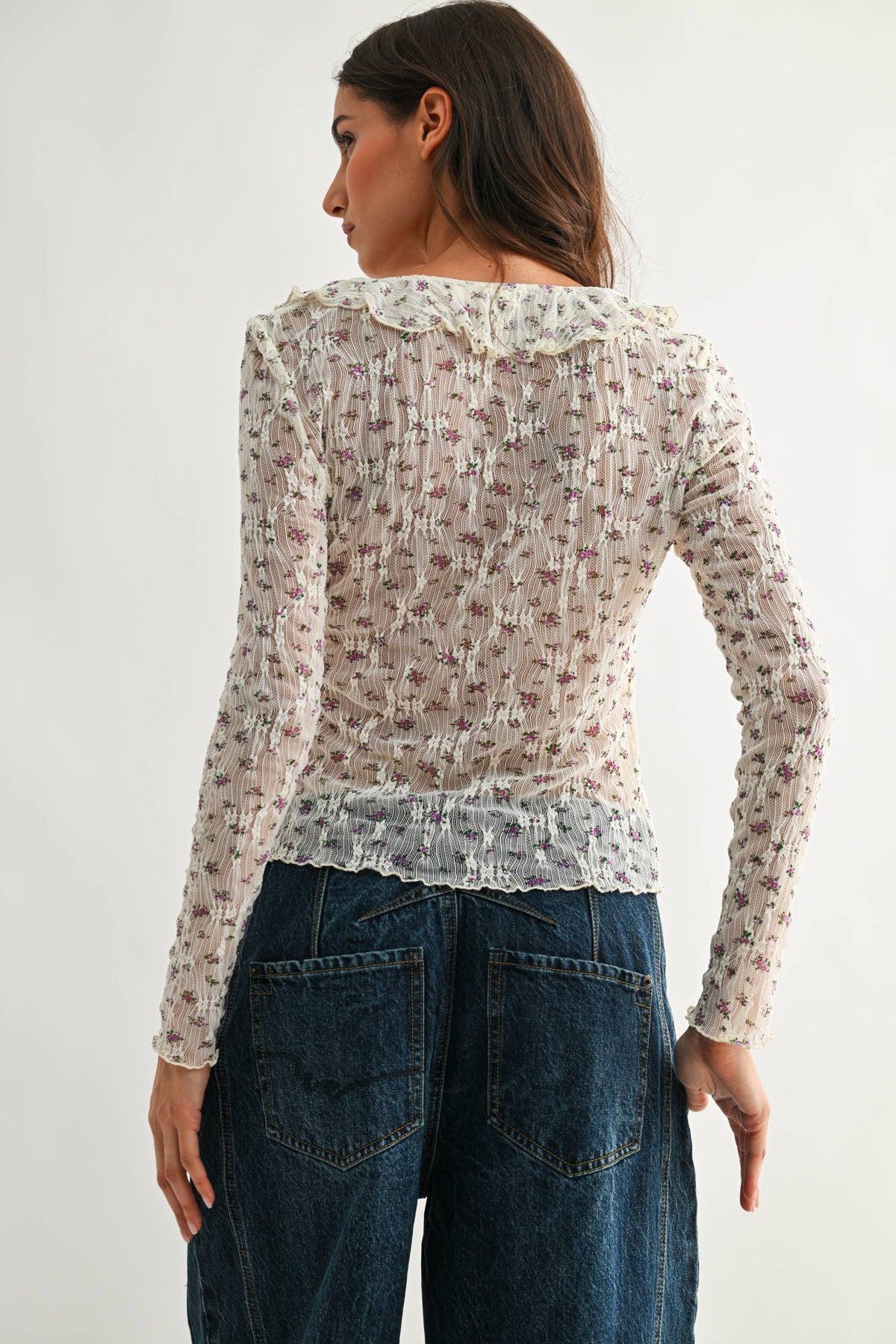 Sheer Floral Lace Long Sleeve Blouse - Camellia