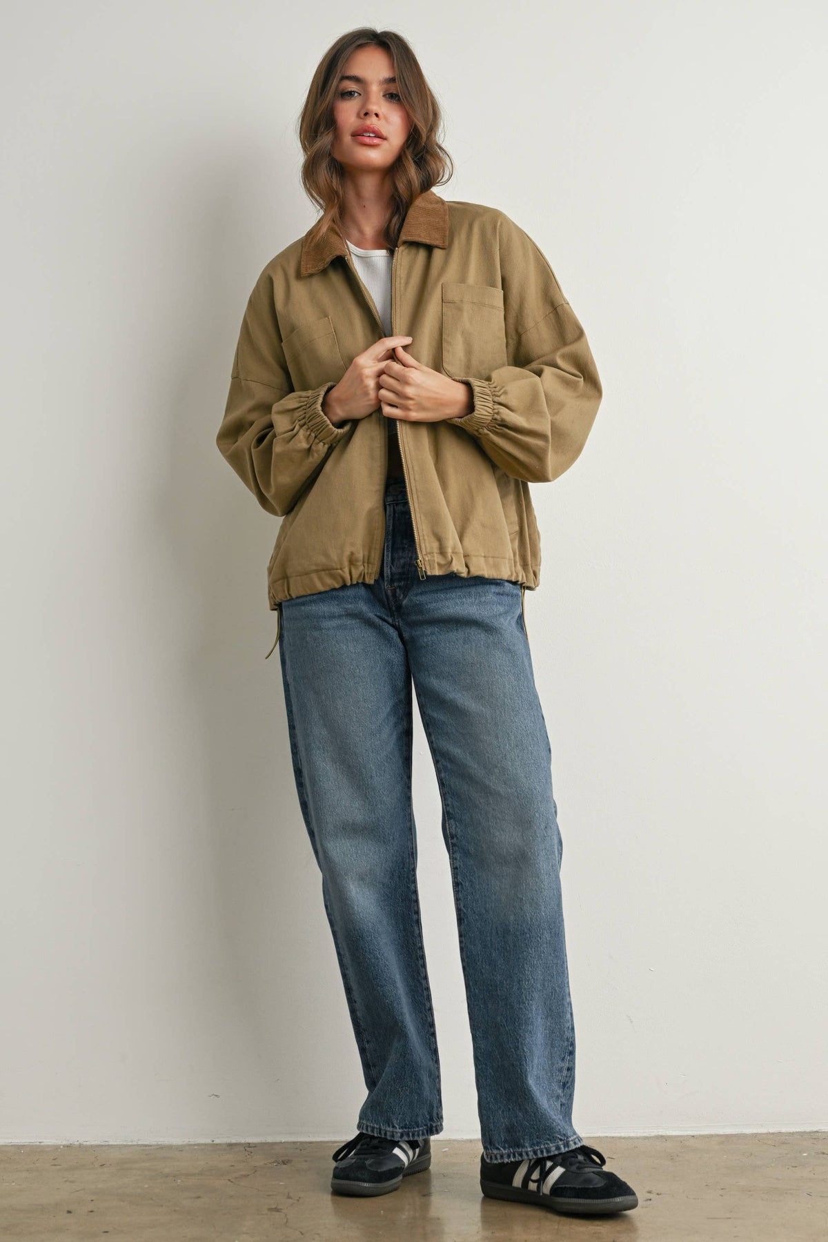 BUTTERMELON - Cord Collar Zip-Front Long Sleeve Jacket - BMJ7780