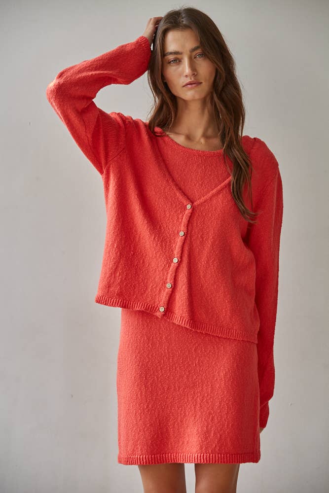 By Together - W2522T | Knit Sweater Cotton Button Down V-Neck Cardi