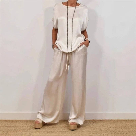 Casual Pure Color Loose Tee Wide Leg Pants Set - Sheer Trend