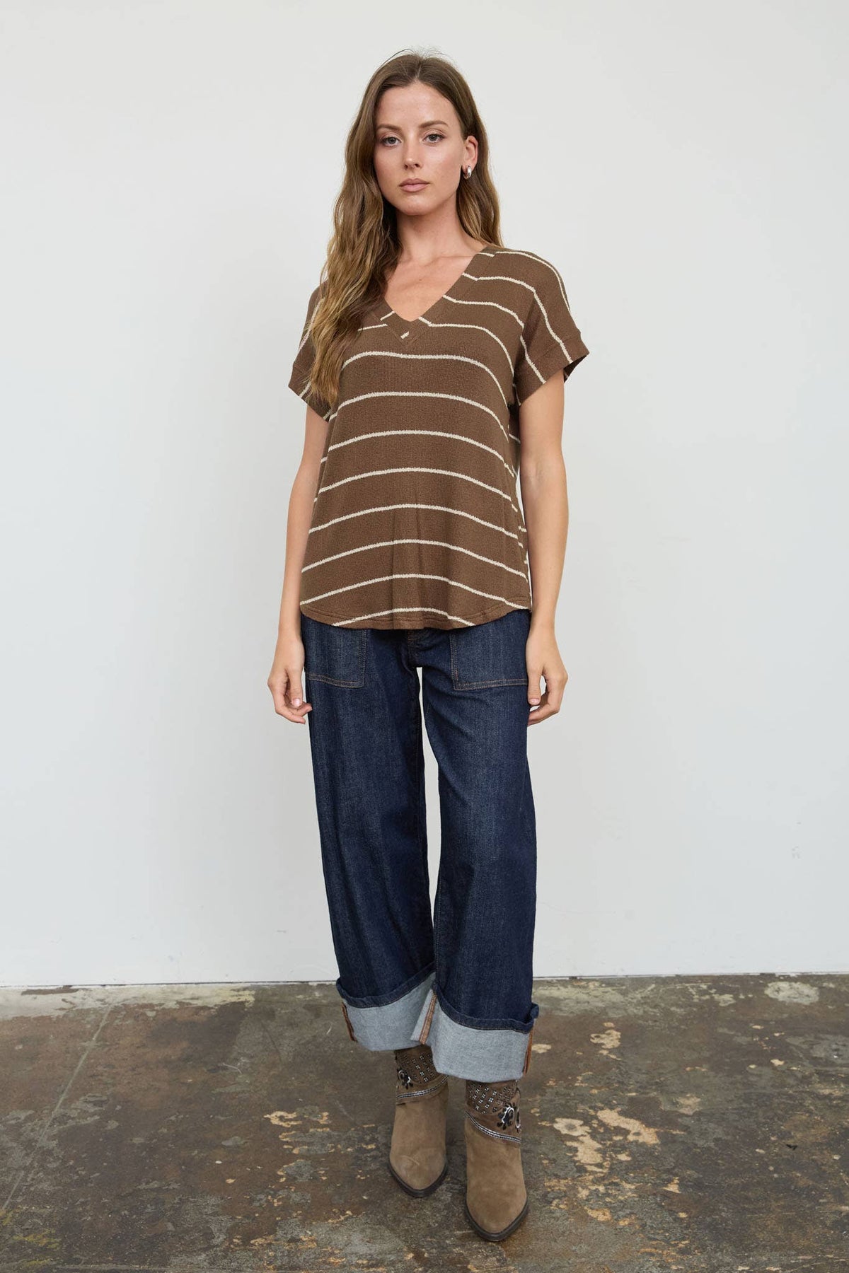 STRIPE V NECK CUFFED SLEEVE KNIT TOP - Blu Pepper