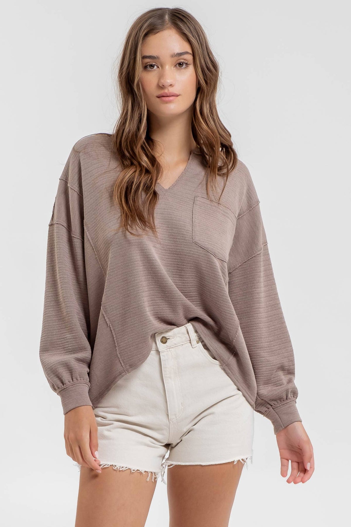 SOLID PATCHWORK SPLIT NECK KNIT TOP - Blu Pepper
