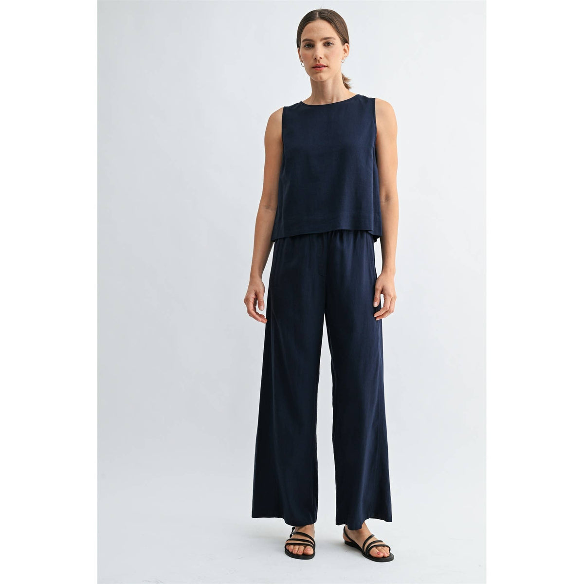FUN2FUN - LINEN BLEND ELASTIC WAIST BUTTON FRONT PANTS