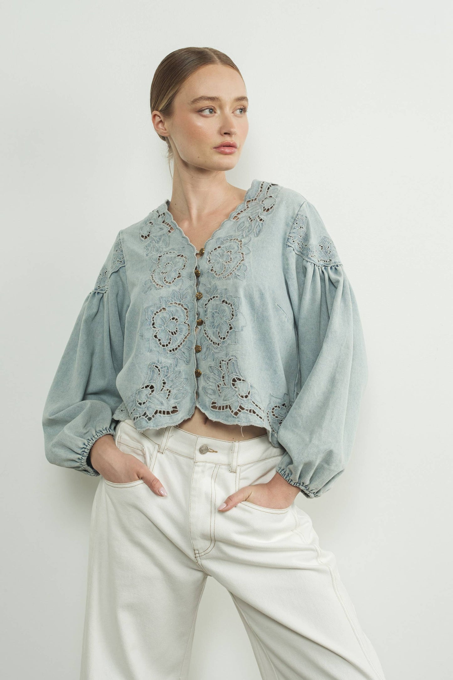 Aaron & Amber - MAT2892 DENIM EMBROIDERY VOLUME SLEEVE BLOUSE TOP