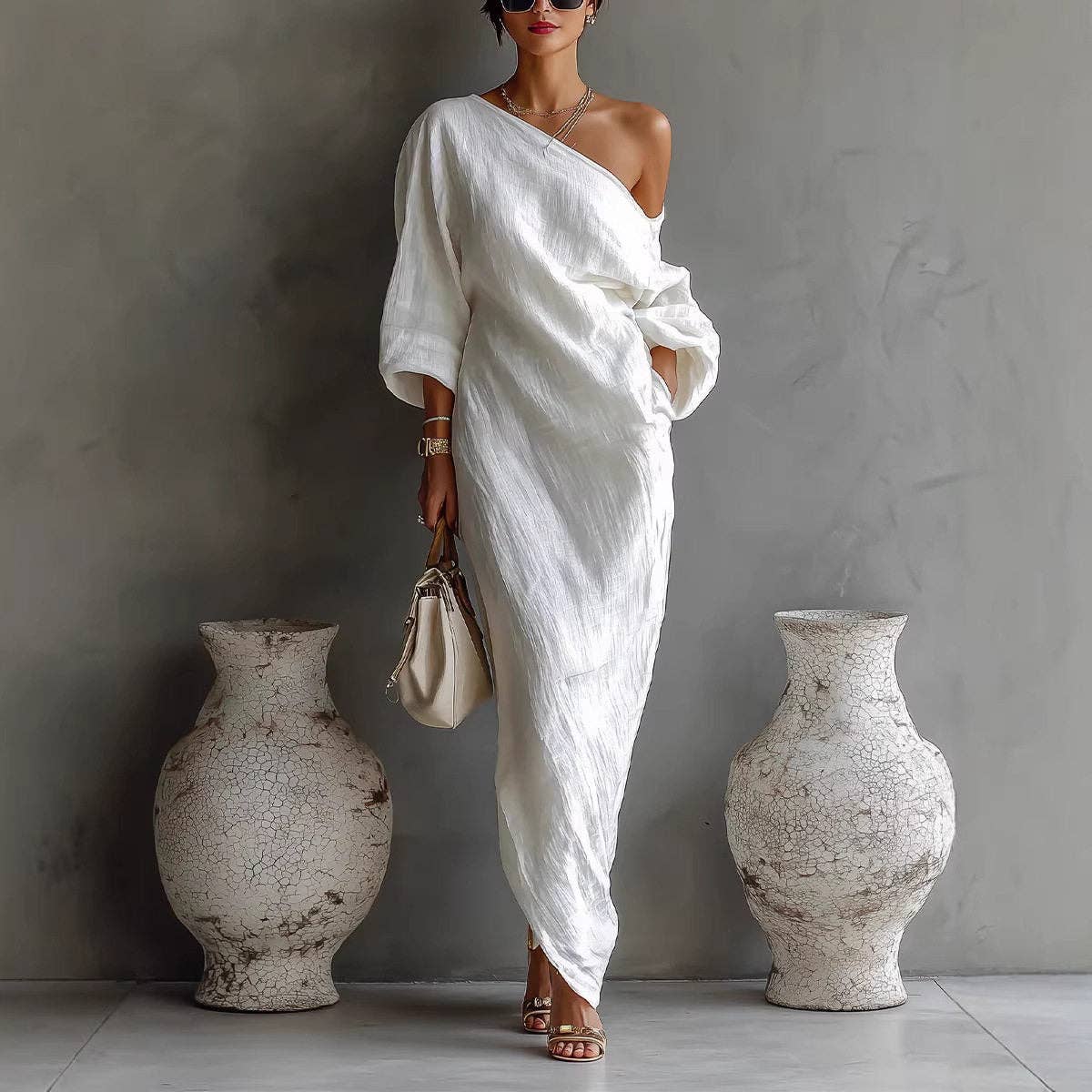 Off Shoulder Long Sleeve Solid Color Dress - UZWS