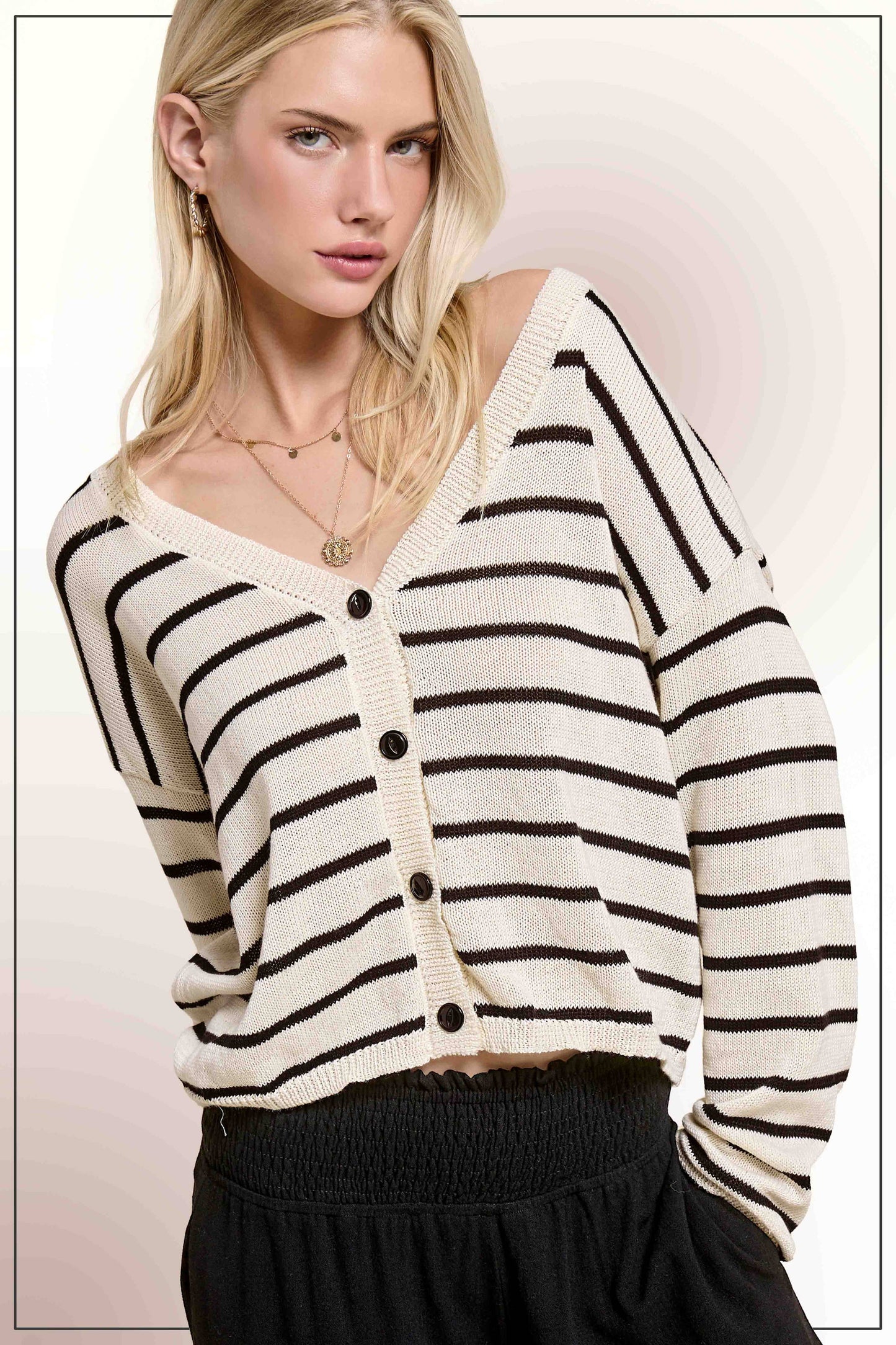La Miel - MDS3611-Relaxed Striped Summer V Neck Button Down Cardigan
