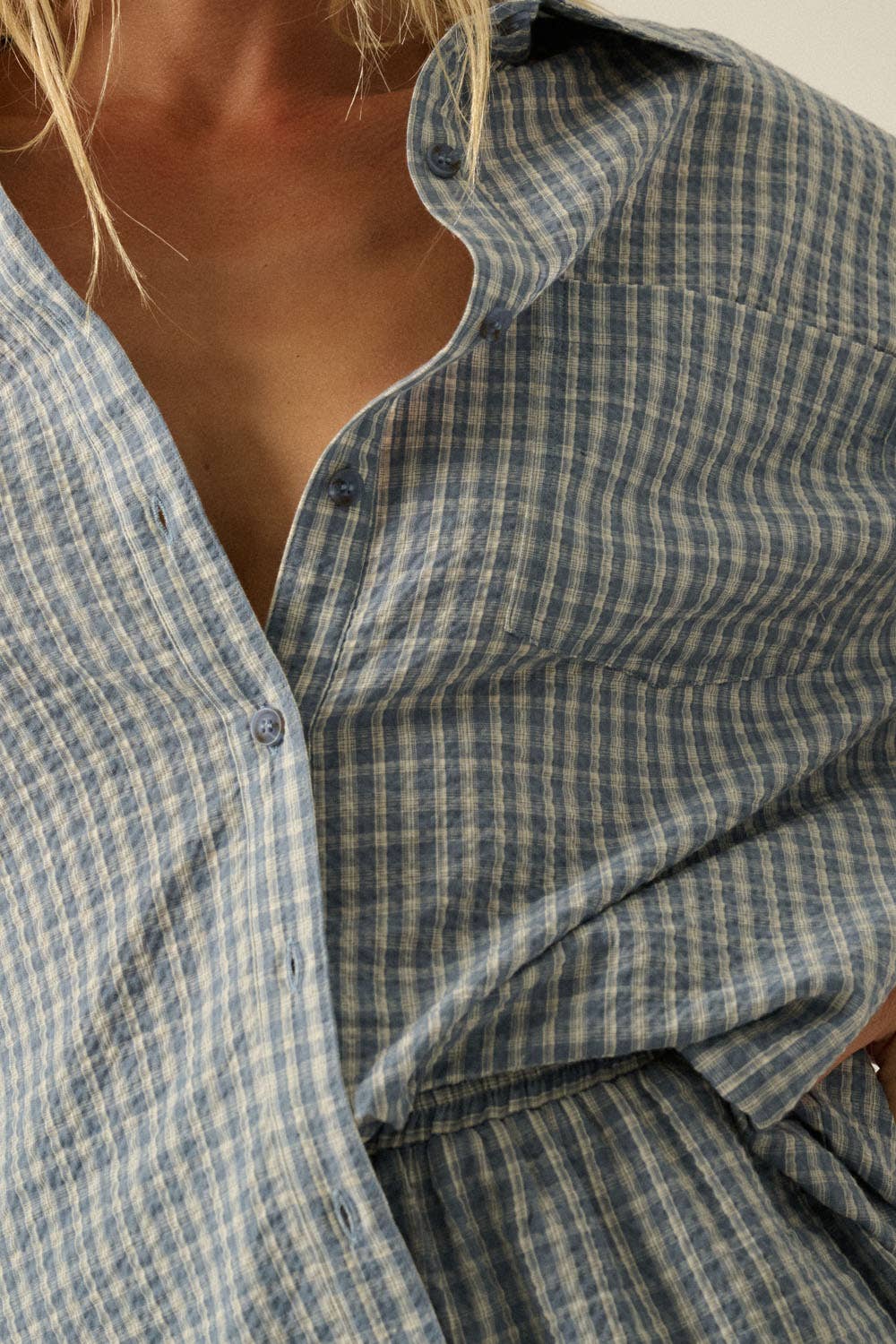 Promesa USA - Plaid Textured Seersucker Oversize Button-Up Pocket Shirt