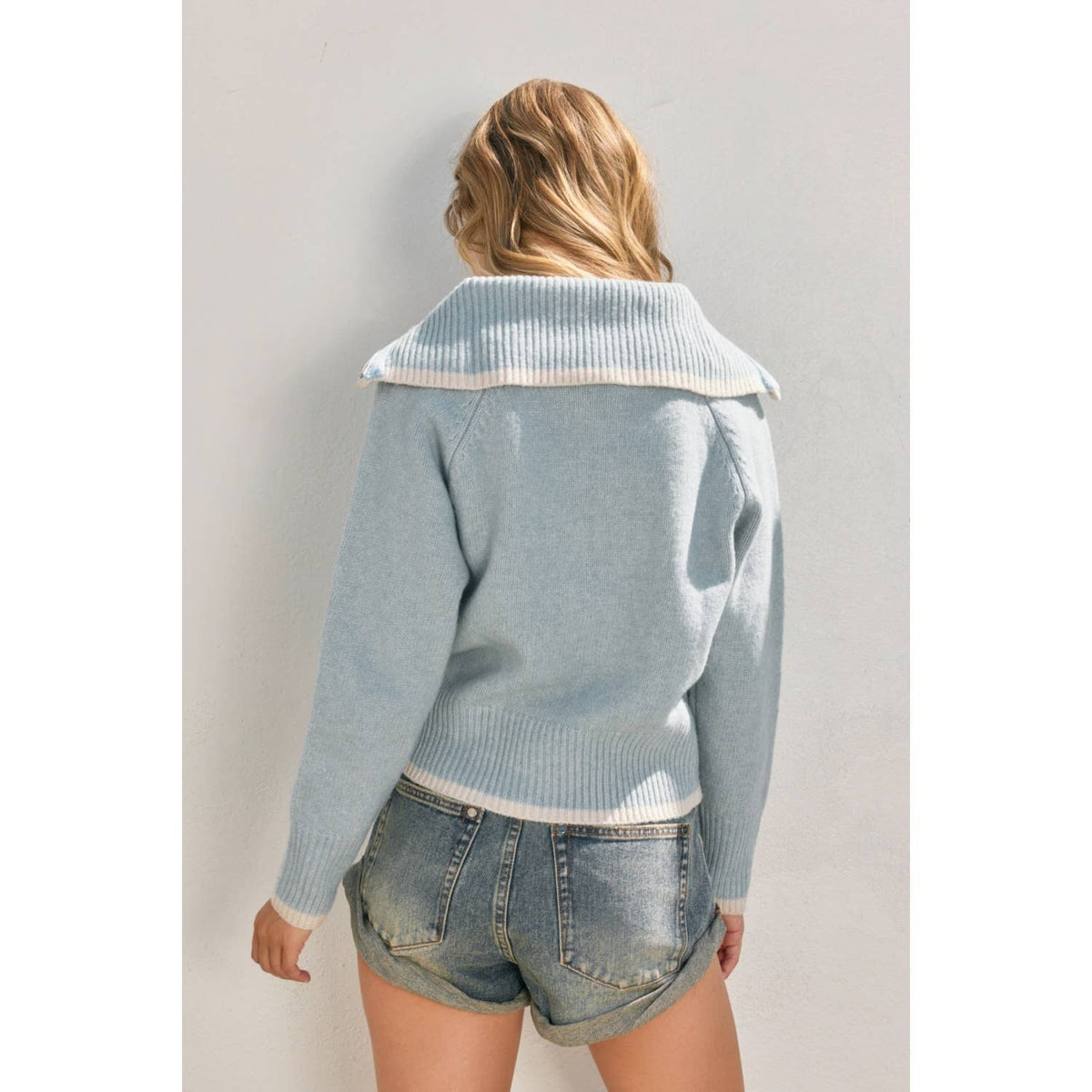 Sailor Collar Contrast Zip Up Cardigan