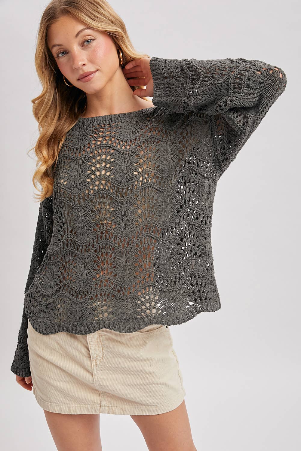 Bluivy - BOAT NECK SCALLOPED HEM OPEN KNIT SWEATER