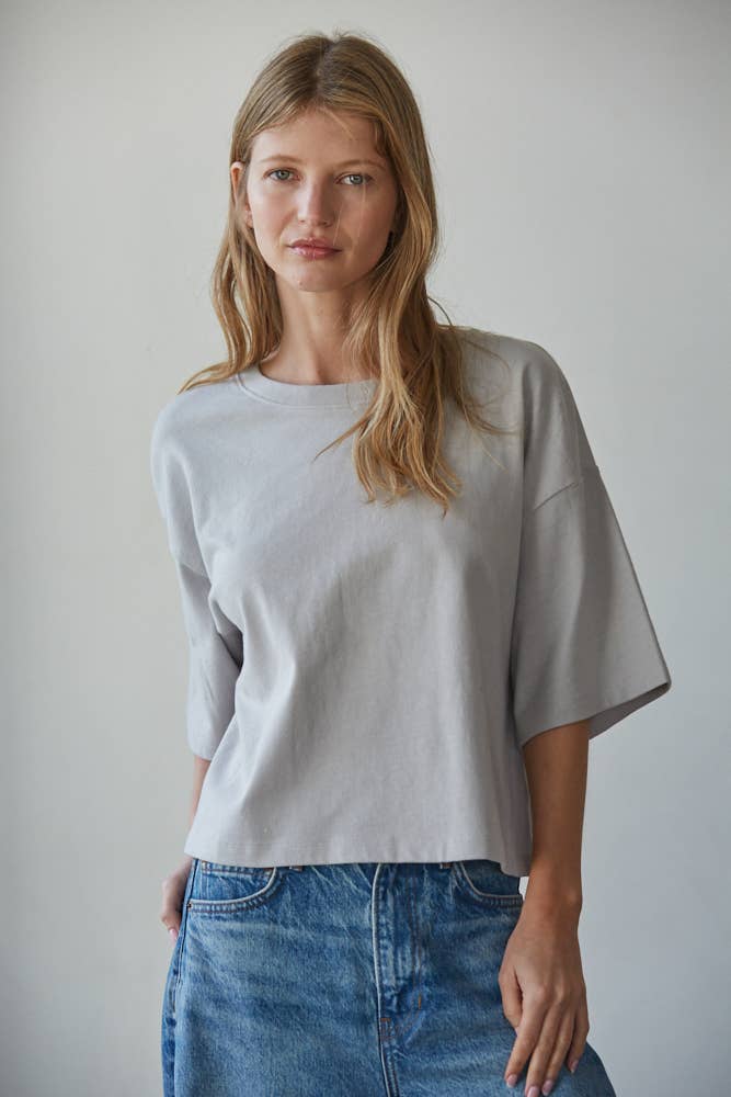 By Together - L8688 | Knit Cotton Crew Neck Drop Shoulder Short Sleeve Top
