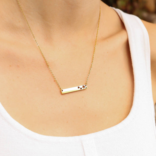 18K Gold PVD Stainless Stars Blank Bar Necklace - WJW