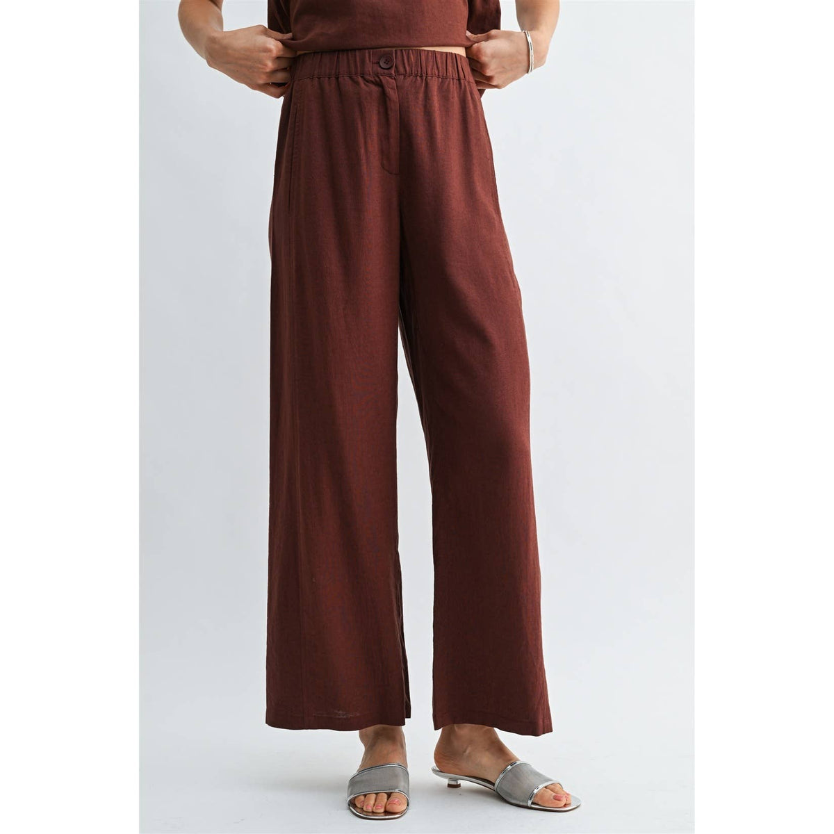 FUN2FUN - LINEN BLEND ELASTIC WAIST BUTTON FRONT PANTS