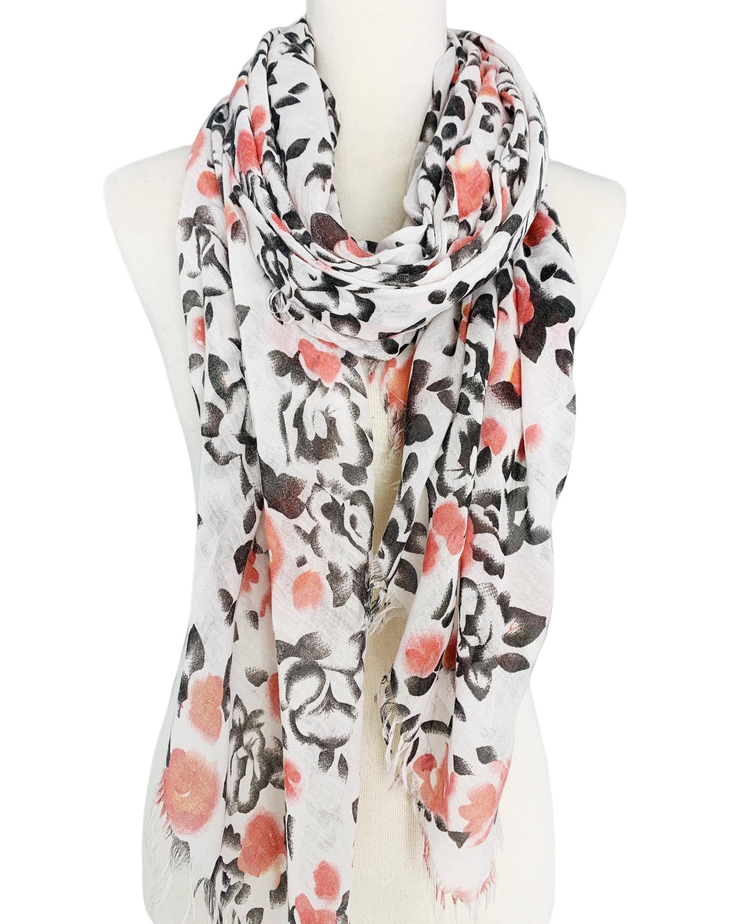 JC Sunny Fashion - JC021019 Stonewash Style White-Grey Floral Scarf