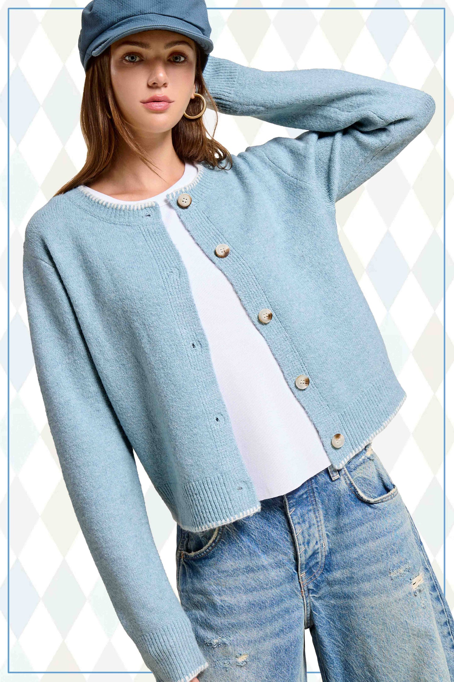 La Miel - MDS3612-Fuzzy Cardigan With Marble Button & Blanket Stitch